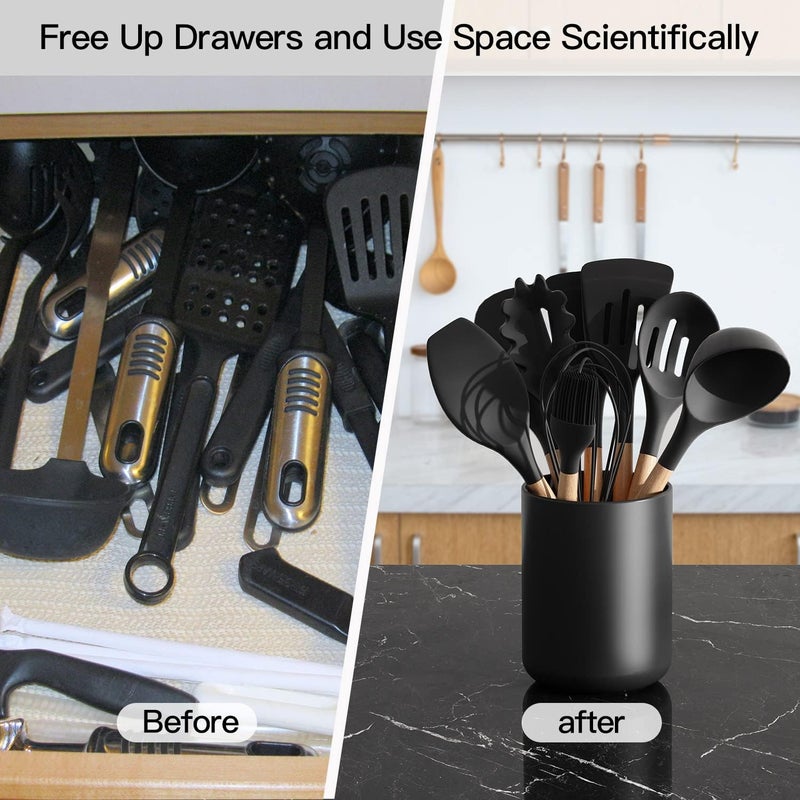 LATCHHOOK Black Kitchen Utensil Holder for Countertop, Large 7.2 Matte Ceramic Cooking Utensil Crock for Counter Easy to Clean, Modern Spatula Holder for Farmhouse Décor 7.2×5.8 INCH - Image 5